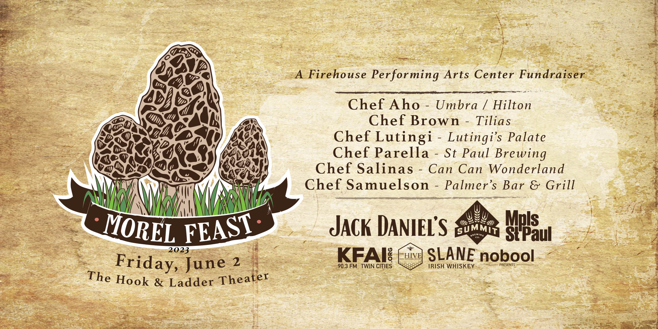 Morel Feast Fundraiser Friday, June 2 Under The Canopy at The Hook and Ladder Theater Cocktails & Snacks - 6pm Dinner - 7:00pm 21+ Reservations: $100 (Tickets limited) NO REFUNDS