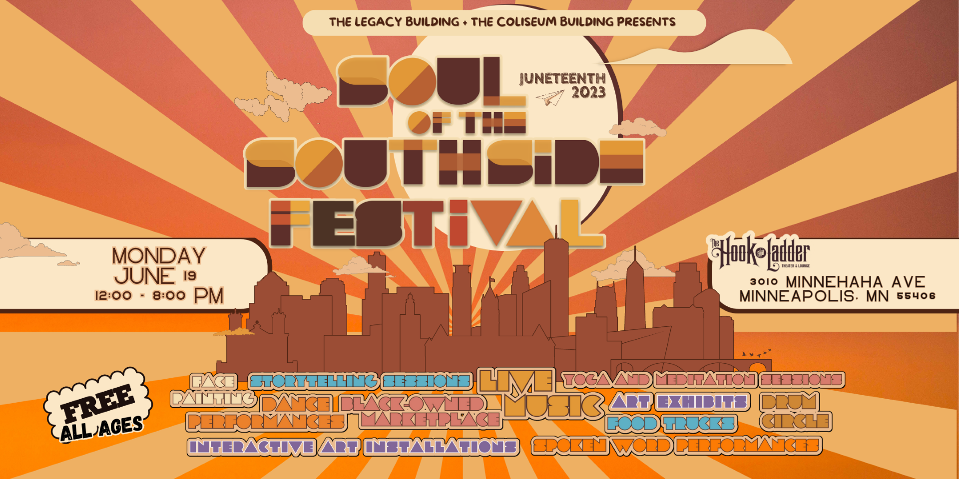 Soul Of The Southside 2023 Juneteenth Festival Monday, June 19 Under The Canopy at The Hook and Ladder Theater 1-8pm :: All Ages :: Family Friendly RSVP (Free Registration) ** Must RSVP In Advance For Guaranteed Admission ** Free Community Event With Limited Capacity