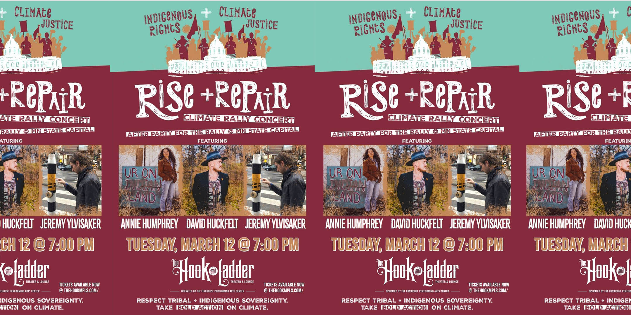 RISE + REPAIR: Climate Rally Concert featuring Annie Humphrey, David Huckfelt, & Jeremy Ylvisaker Indigenous Rights + Climate Justice After Party For The Rally & MN State Capital Respect Tribal + Indigenous Sovereignty. Take BOLD ACTION on Climate! The Hook and Ladder Theater Tuesday, March 12 Doors 6pm :: Music 7pm Suggested Donation $30 or donate what you can!